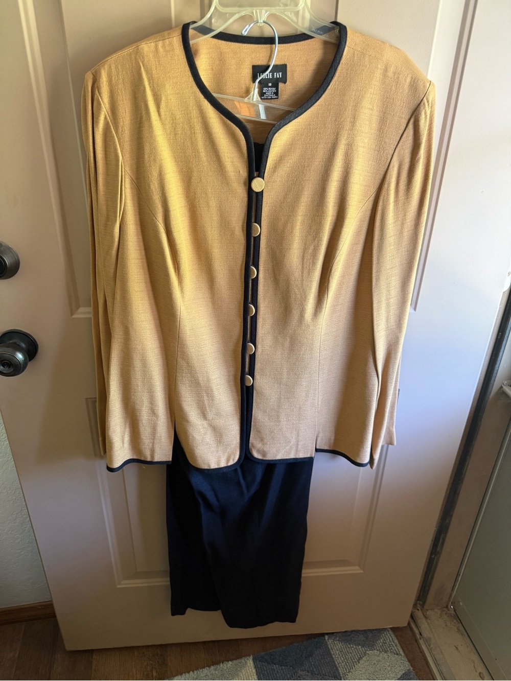 Leslie Fay Camel Tunic with Black Trim and Black  Slacks.